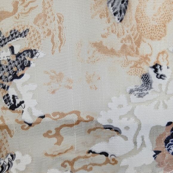 Wrapper Y2K Sheer Mesh Layered V Neck Bell Sleeve White Cream Floral Dragon Top - Picture 6 of 11